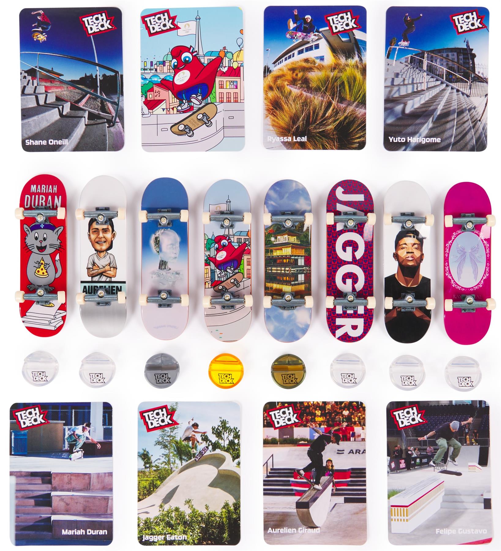 The Tech Deck Olympic Competition Legends Fingerboards 8 Pack showcases fingerboards with unique designs, accessories, and trading cards featuring legendary Olympians and iconic skateboarding action shots.