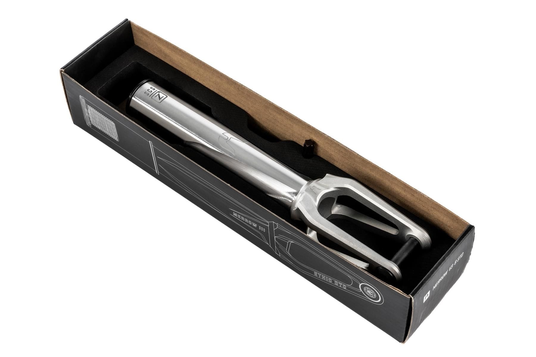 The Ethic DTC Merrow V3 SCS Stunt Scooter Fork in Raw Silver, crafted from 7075 aluminium and famed as the world's lightest fork, comes in a black rectangular box with a cut-out displaying product details.