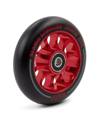 The Slamm Flair 2.0 100mm Stunt Scooter Wheel in red features a metallic core, "FLAIR" on the rim, ABEC-9 chrome bearings, and "SLAMM SCOOTERS 100MM 88A" printed on the tire—ideal for any stunt scooter.
