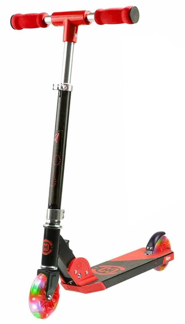 The CORE Foldy Kids LED Foldable Kick Scooter in black and red features a T-shaped handlebar, LED light-up wheels, red grips, adjustable height, and an easily adjustable handlebar for a perfect fit as they grow.