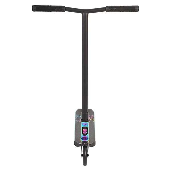 Front view of the Invert Supreme 2.5-8-13 Complete Stunt Scooter in Neochrome/Black, featuring a T-shaped handlebar, black grips, and an aluminium deck with holographic graphics. Perfect for intermediate riders, from brand Invert.