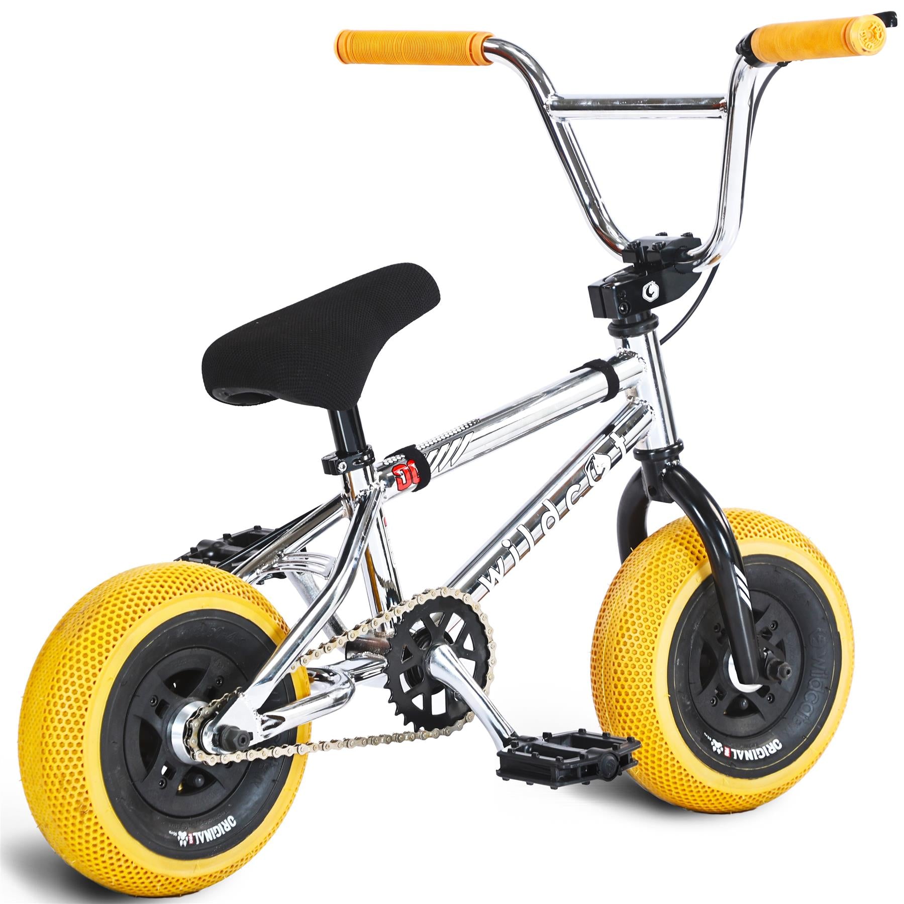 The Wildcat OG 3A Mini BMX Bike - Galaxy Gum features CNC aluminium rims, thick yellow PRO Street 65PSI airless tires, black pedals, black handlebars with yellow grips, and a black seat. Photographed on a white background.