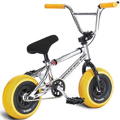 The Wildcat OG 3A Mini BMX Bike - Galaxy Gum features CNC aluminium rims, thick yellow PRO Street 65PSI airless tires, black pedals, black handlebars with yellow grips, and a black seat. Photographed on a white background.