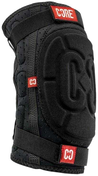 The CORE Flex Knee Gasket Skate Protection Pads - Black feature adjustable straps, red "CORE" and "CC" labels, reinforced stitching, and perforations for breathability while ensuring maximum mobility and knee protection.