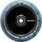 A close-up image of the Revolution Fused Core 110mm Stunt Scooter Wheel in Black/Blue by Revolution showcases their Fused Wheel Technology. The wheel features a sleek hollow-core design with a blue-gray outer rim, enhanced by multicolor effects and a visible bearing at the center.