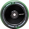 A close-up of a black and green Revolution Fused Core 110mm Stunt Scooter Wheel by Revolution highlights their Fused Wheel Technology. The wheel is labeled "110mm Hollowcore Wheel 88A," with "Revolution Fused 110mm" also visible. The design is enhanced with small star-like symbols on the rim, adding intricate detail to the scooter wheels.