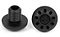 Product Description: The Root Industries Fractal Aluminium Scooter Bar Ends in black showcase a sleek design, featuring two round pieces made from aluminum. One bar end highlights its flat, perforated top with a central logo, while the other is angled to display its threaded side. Specifically made for scooter handlebars by Root Industries, these bar ends include multiple holes across the top surface to offer additional protection for your handlebars.