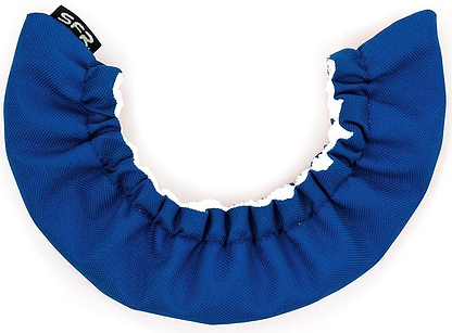 The SFR Ice Skate Blade Soakers in blue are fabric sleeves with elastic edges for covering ice skate blades. They feature absorbent microfiber for moisture protection, gathered material along the inner curve, and a small black tag with white text.