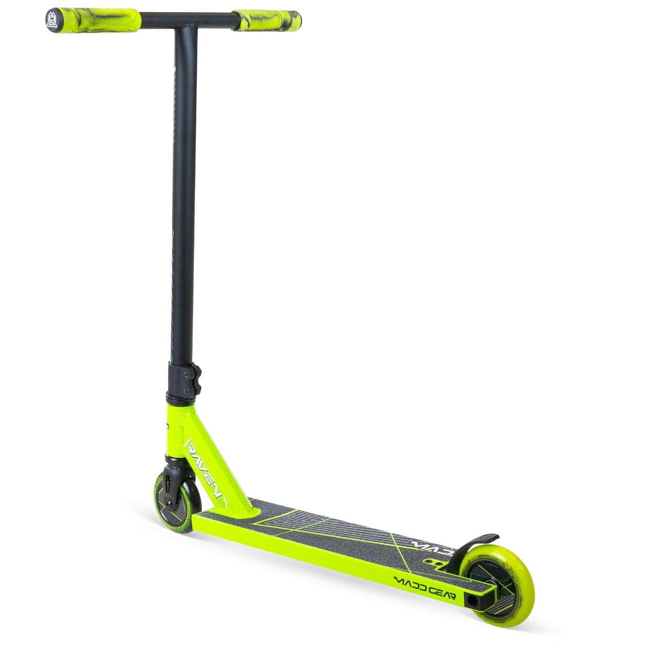 The Madd Gear MG 1 Raven Complete Stunt Scooter in lime and black features "Madd Gear" branding on the deck and grips, plus black handlebars and wheels.