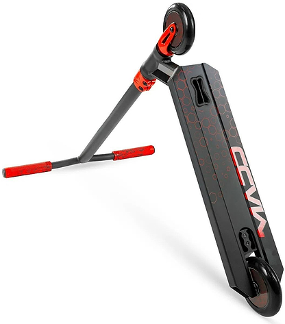 The Madd Gear Viral Rave Complete Stunt Scooter - Inferno features a black and red design, hexagonal deck pattern, "CCVM" lettering, red grips, and small wheels—ideal for kids learning tricks.