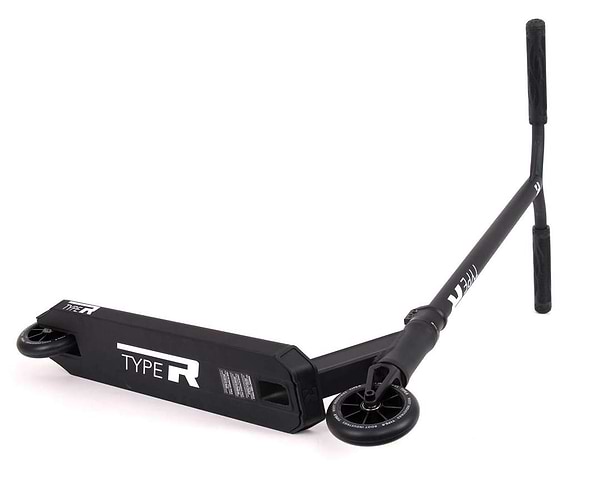 The Root Industries Type R Complete Stunt Scooter - Black is designed for performing tricks, featuring a T-bar handle and small wheels. Its deck showcases a sleek, matte finish along with the Root Industries design that enhances its stylish appeal.
