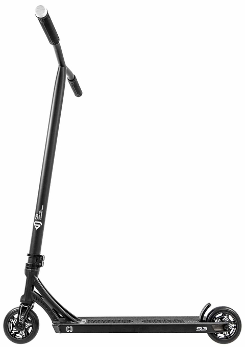 The CORE SL3 Complete Stunt Scooter by CORE is black with a tall handlebar, black deck, small wheels, and minimal white accents and branding. It’s shown side-on against a white background. Lightweight design.