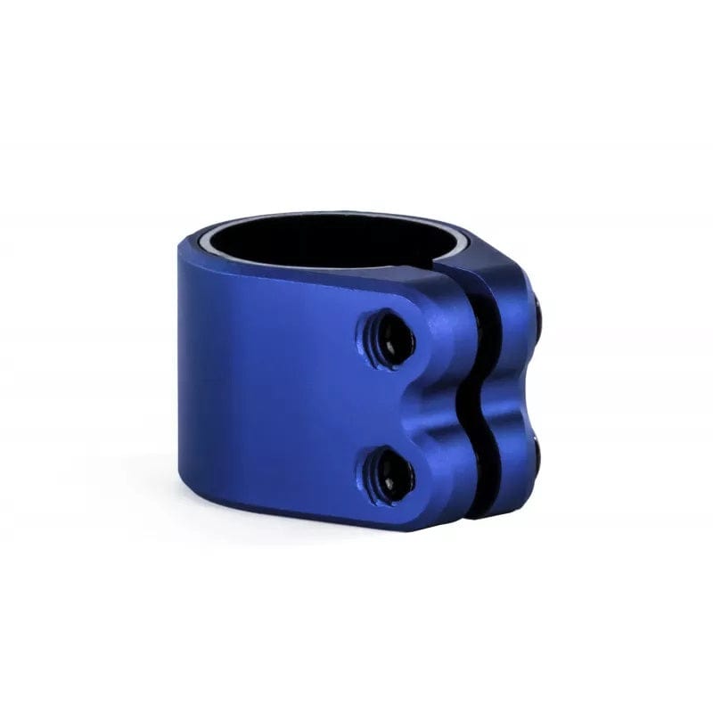 A detailed view of the Ethic DTC Valkyria 2 Bolt Oversized Stunt Scooter Clamp in blue, crafted with glossy 6061 aluminum. The cylindrical clamp features two bolt holes for securing pipes or rods and is excellently machined, set against a simple white background.