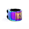 The Ethic Valkyria 2 Bolt Oversized Stunt Scooter Clamp in Neochrome is made from 6061 aluminum and features a stylized logo. Its iridescent surface showcases a captivating gradient with vibrant shades of purple, blue, and green.
