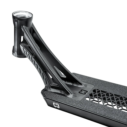 Close-up of the CORE SL3 Forged Black Stunt Scooter Deck (5.25" x 19.3"/20.5") by CORE, featuring a textured grip surface, geometric cutout design, and sleek angular headtube and neck.