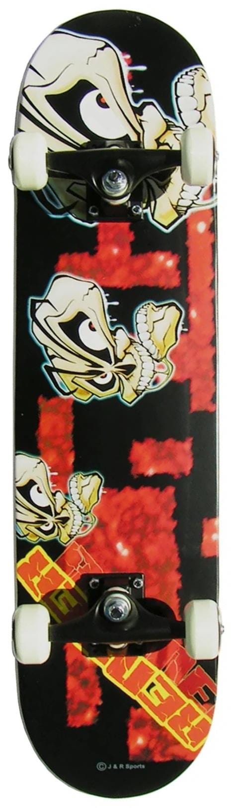 The Renner A15 Skulls III Complete Skateboard (7.75" x 31") by Renner features a fierce cartoon character graphic on a black deck with white wheels—perfect for any rider.
