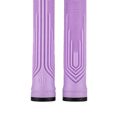 Presenting the Drone Acolyte Lilac Stunt Scooter Grips by Drone: 180mm purple rubber grips with black ends that feature a futuristic pattern for style, made from Comfort Max silicone for superior grip and comfort. Perfect blend of style and functionality.