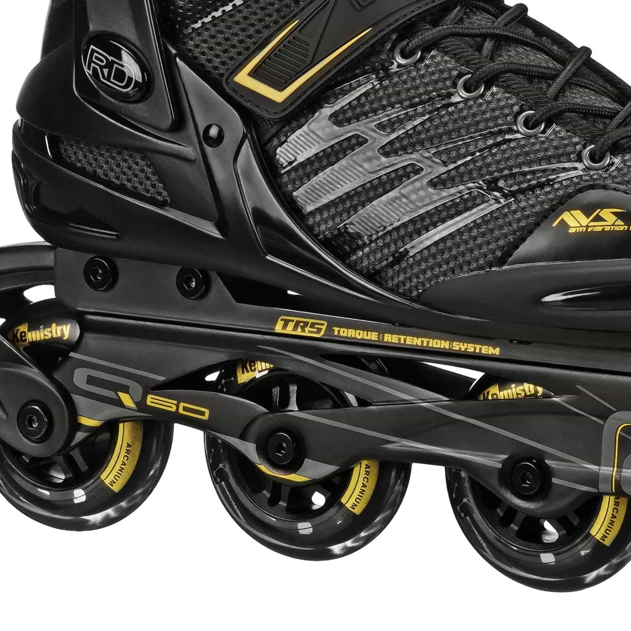 Close-up of the Roller Derby Aerio V2 Q-60 Men's Inline Skates in Black/Gold, showing 80 mm Elite speed wheels, a sturdy frame, part of the boot, and visible Roller Derby branding with technical details on the side.