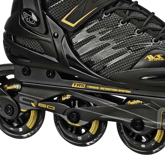 Close-up of the Roller Derby Aerio V2 Q-60 Men's Inline Skates in Black/Gold, showing 80 mm Elite speed wheels, a sturdy frame, part of the boot, and visible Roller Derby branding with technical details on the side.