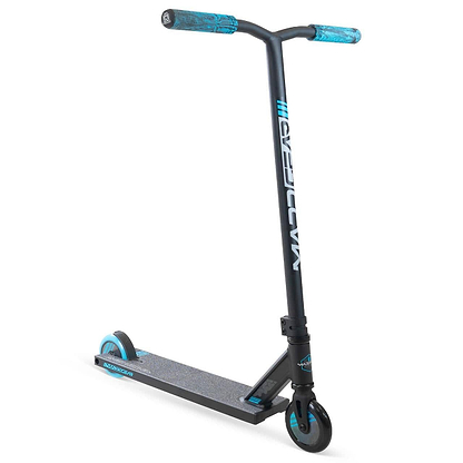 The Madd Gear (MGP) MG 3 Zen Complete Stunt Scooter in black/blue features a durable one-piece steel T-bar, blue grips, blue wheel accents, high-speed ABEC-7 chrome bearings, and "MADD" printed on the handlebar stem.