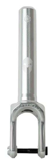 The Supremacy Spartan SCS/HIC Stunt Scooter Forks - Chrome is made from high-grade aluminum, featuring a sleek, cylindrical design with an anodized finish and a visible bolt at the bottom. It showcases a skull logo and has a branded inscription near the top of the lower section.
