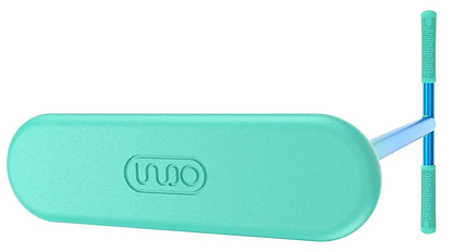 The INDO Kickstart Classic Indoor Trampoline Stunt Scooter - Neon by INDO features a teal oval platform with a wavy logo, blue metal pole, teal rubber grips, and an adjustable handlebar for versatile performance.