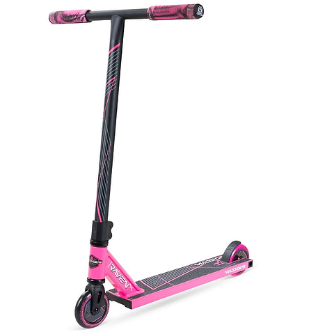 The Madd Gear (MGP) MG 1 Raven Complete Stunt Scooter in pink and black features a T-shaped handlebar, black wheels, and a textured deck, perfect for tricks and freestyle riding.
