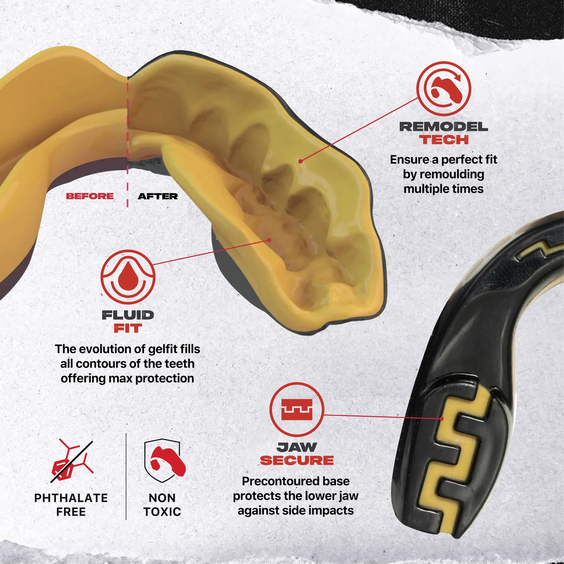 The Safejawz Extro Series Protection Mouthguard - Goldie by Safejawz is shown in yellow and black, offering Fluid Fit comfort, Remodel Tech for a custom fit, Jaw Secure for impact protection, and is phthalate-free and non-toxic.