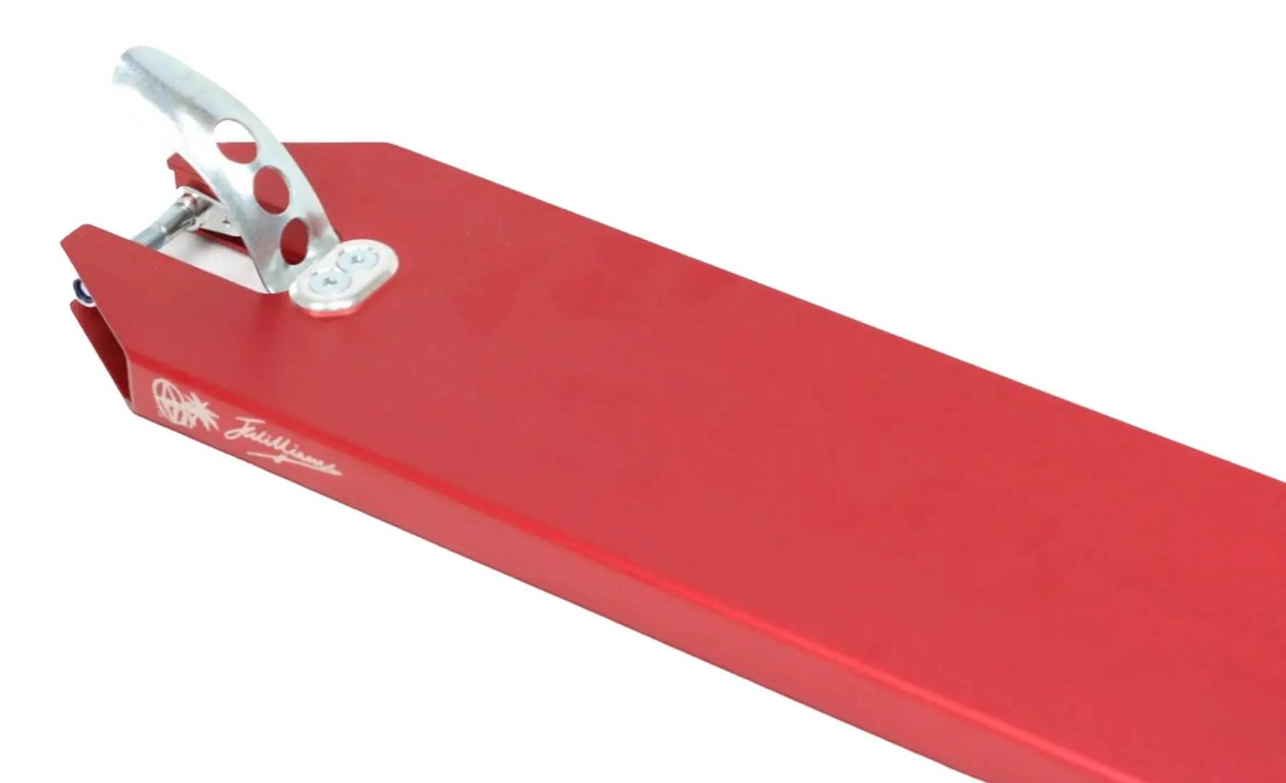 Close-up of the Apex Pro Jett Williams Signature Red Stunt Scooter Deck (5" x 19.3") with a silver brake at the back. Its sleek, angular design and bold Apex branding are prominently displayed on the side.