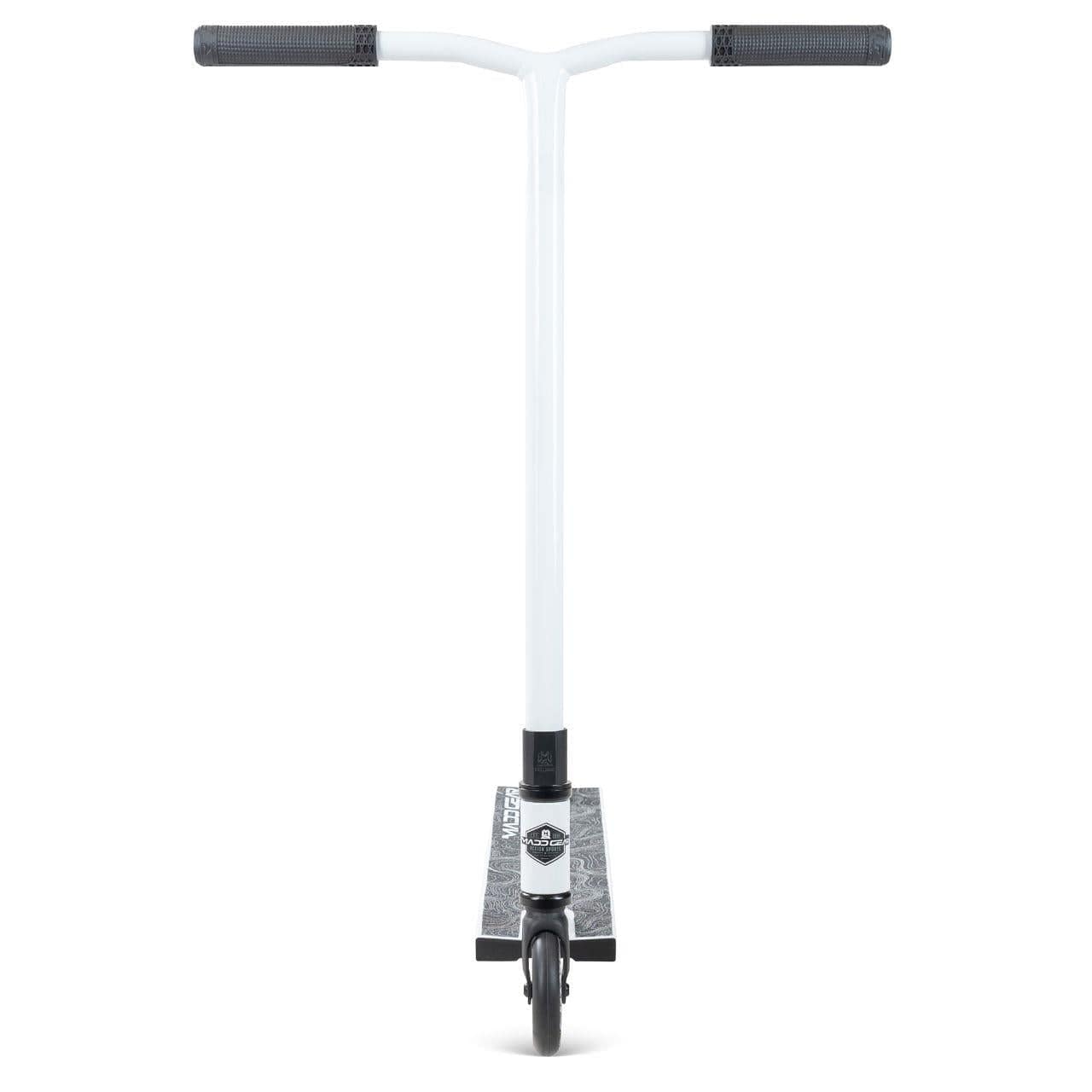 The Madd Gear (MGP) MG 4 Titan Complete Stunt Scooter in Arctic White features black handlebar grips and a black deck, shown from the front on a white background—ideal for action sports enthusiasts seeking innovation.