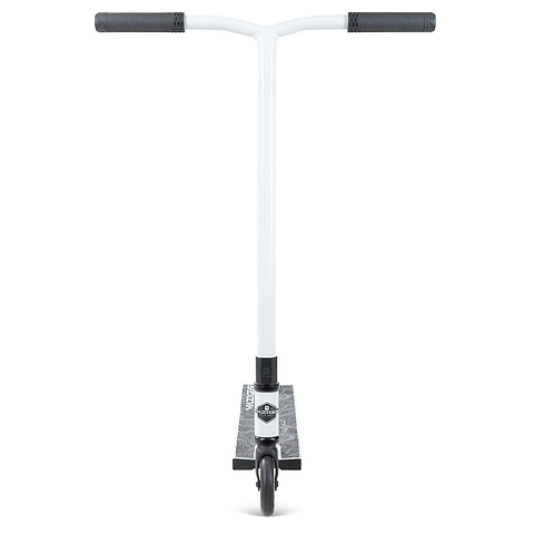 The Madd Gear (MGP) MG 4 Titan Complete Stunt Scooter in Arctic White features black handlebar grips and a black deck, shown from the front on a white background—ideal for action sports enthusiasts seeking innovation.