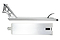 The Supremacy Spartan Chrome Silver Stunt Scooter Deck, measuring 5.5" x 21.5", is crafted from high-quality aluminum and features a sleek silver finish. The side view highlights the headtube and brake, while the bottom view showcases its flat base with a cutout near the rear. Ideal for street riding, its streamlined design truly stands out.