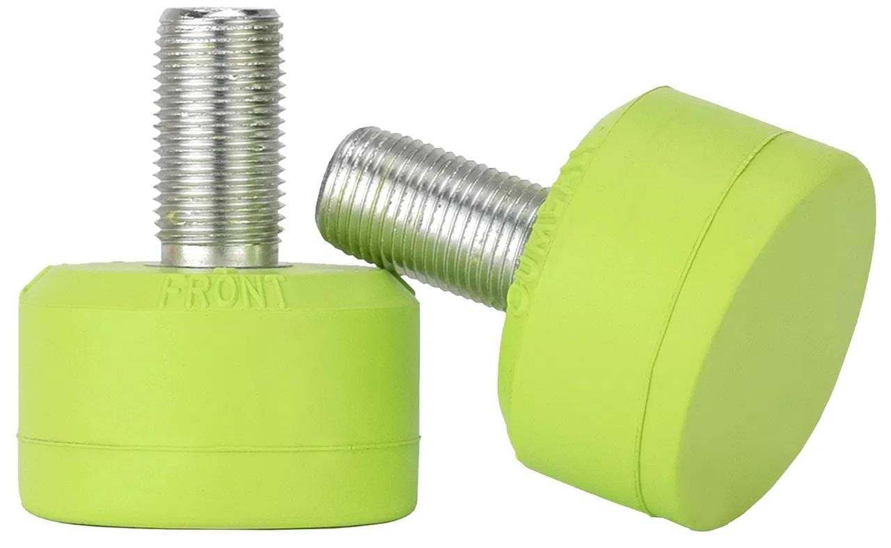Two Gumball Roller Skate 30mm Toe Stops in lime green, one lying on its side and the other upright against a white background, showcase their ultimate stopping power with metal screw threads on top.