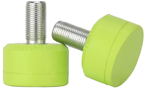 Two Gumball Roller Skate 30mm Toe Stops in lime green, one lying on its side and the other upright against a white background, showcase their ultimate stopping power with metal screw threads on top.