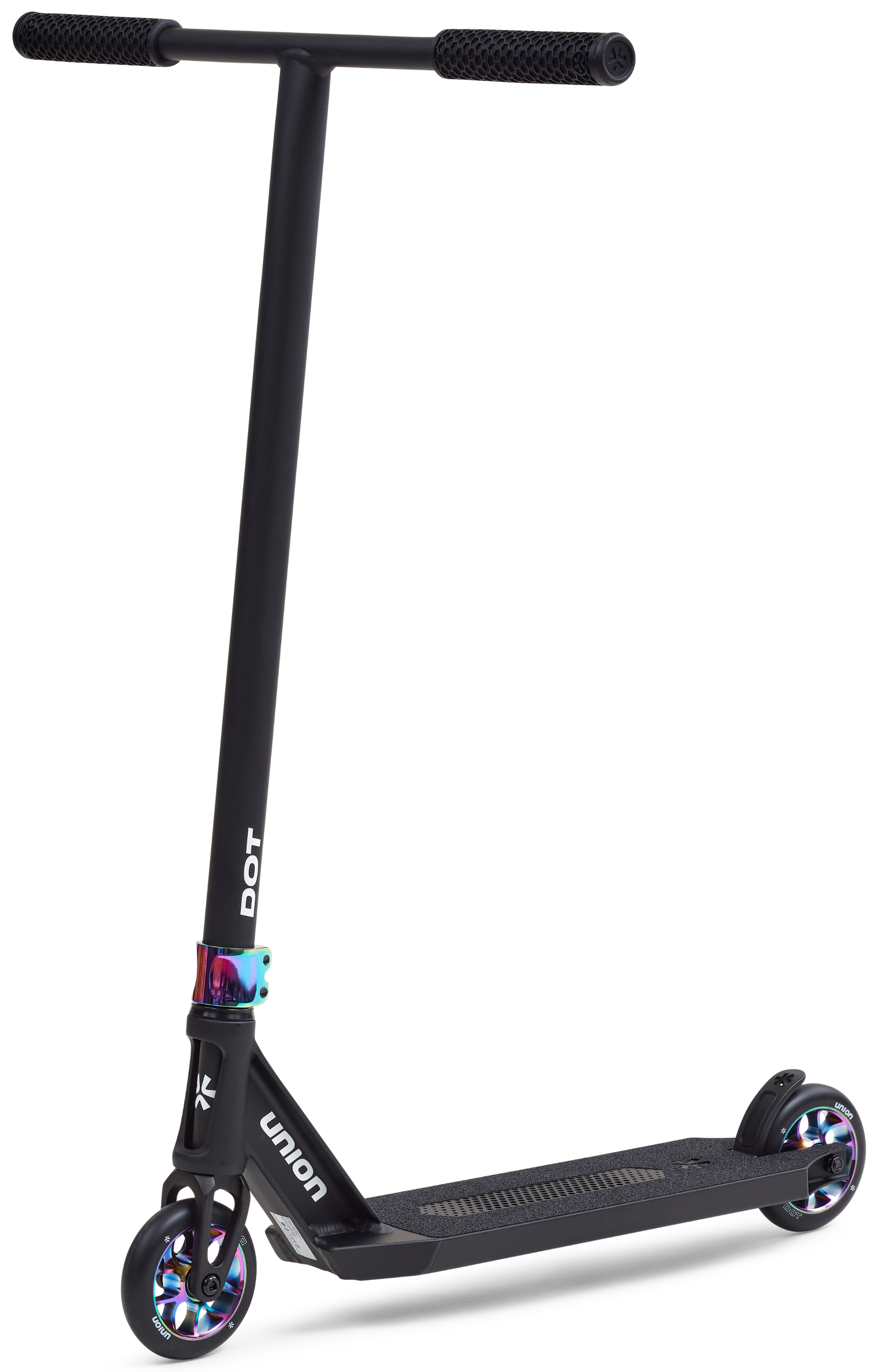 The Union Dot Complete Stunt Scooter - Black / Neochrome features vibrant neochrome metal accents, a straight handlebar, and "Union" branding—ideal for tricks and smooth city rides as a lightweight street scooter.