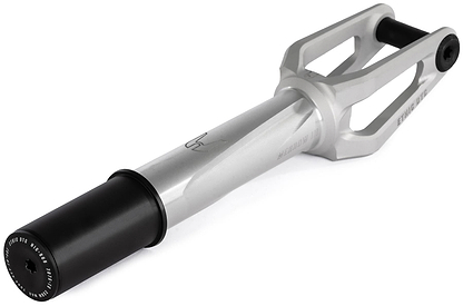 The Ethic DTC Merrow V3 8/12STD HIC Stunt Scooter Forks in raw silver feature a two-pronged design and a cylindrical black axle mount, shown angled on a white background. Brand: Ethic.