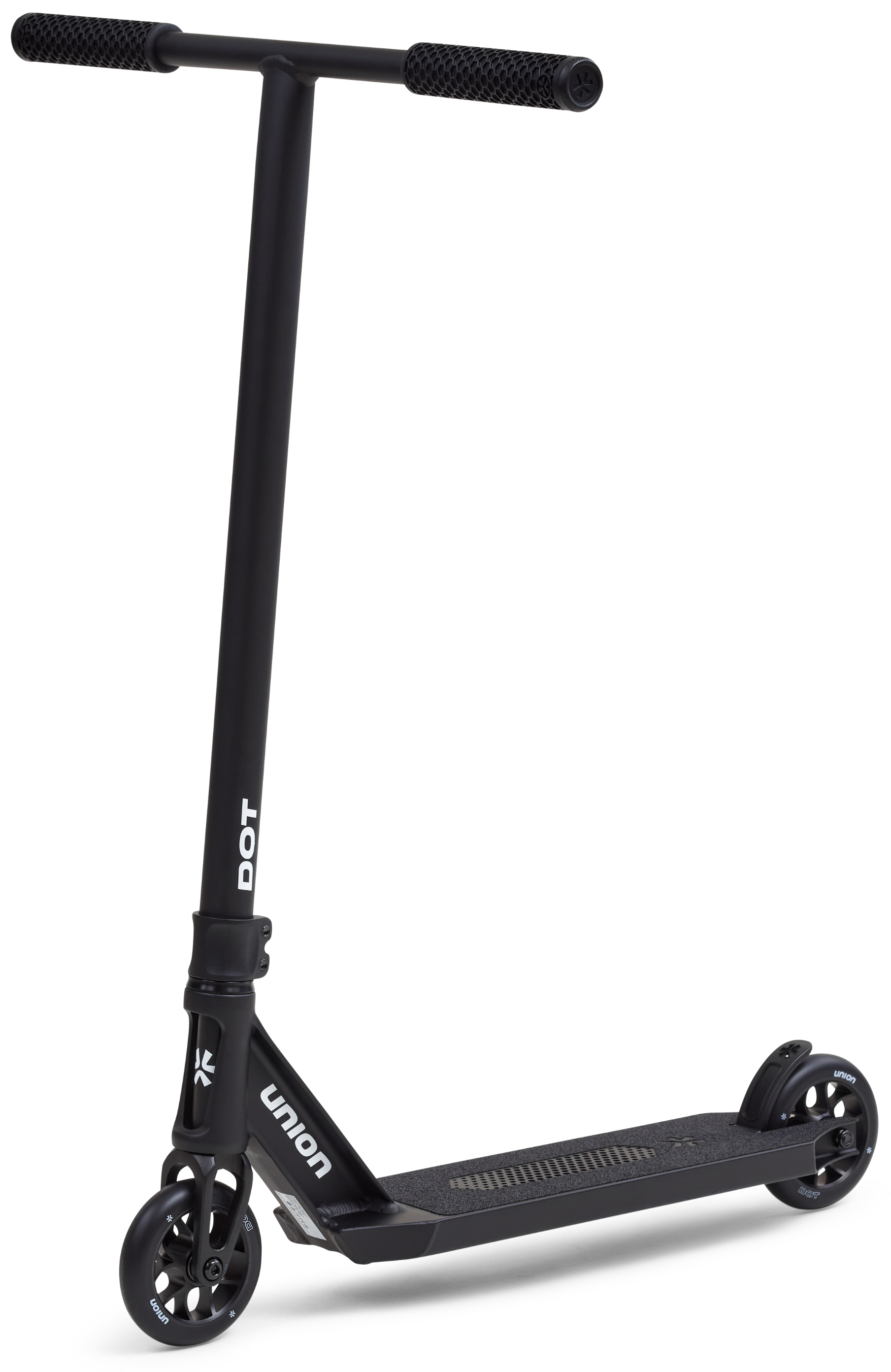 The Union Dot Complete Stunt Scooter - Black features a lightweight frame, two small wheels, straight handlebar with textured grips, and "DOT" and "UNION" branding. The scooter is shown angled to display both the deck and handlebars.