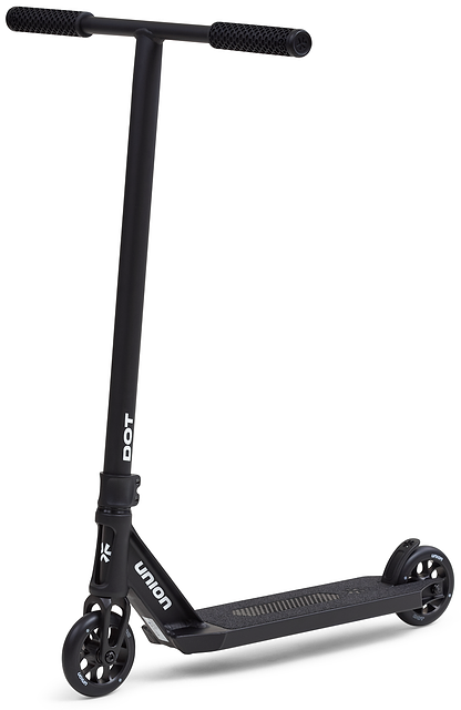The Union Dot Complete Stunt Scooter - Black features a lightweight frame, two small wheels, straight handlebar with textured grips, and "DOT" and "UNION" branding. The scooter is shown angled to display both the deck and handlebars.