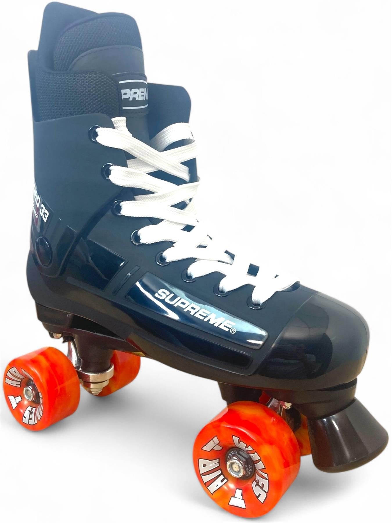The Supreme Turbo 33 Nylon Quad Roller Skates in black feature red swirl wheels, white laces, and "SUPREME" on the side—classic style meets modern design from Supreme.