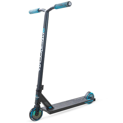 The Madd Gear MG 3 Zen Complete Stunt Scooter in black and blue features a textured deck, blue grips and wheels with ABEC-7 chrome bearings. "Madd Gear" branding is visible on the scooter against a white background.