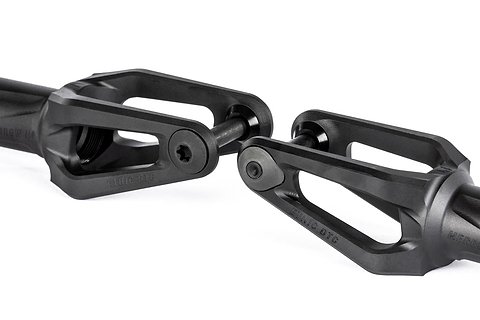 Close-up of two Ethic DTC Merrow V3 8/12STD HIC Stunt Scooter Forks in black, aligned facing each other with bolts, against a white background.