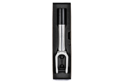 A raw Ethic DTC Merrow V3 8/12STD HIC stunt scooter fork is securely packaged in a black rectangular box with foam padding, viewed from above.