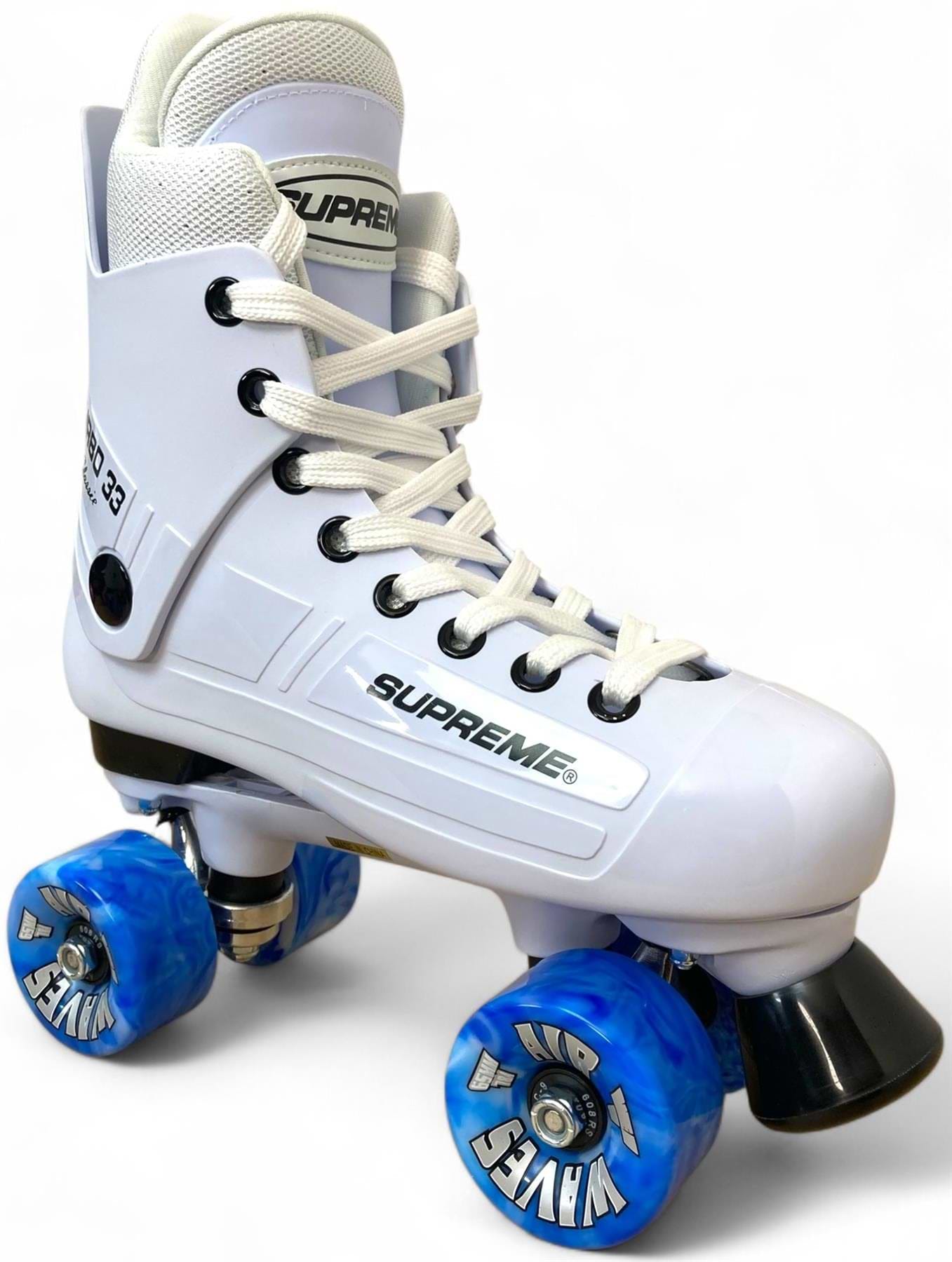 The Supreme Turbo 33 Nylon Quad Roller Skates – White, feature white laces and blue/white swirl "WAVE" wheels, with "SUPREME" printed on the side, evoking the classic Supreme Turbo 33 style. Shown on a white background.
