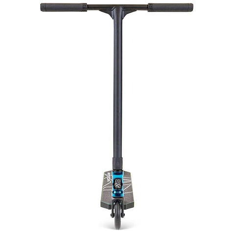 Front view of the Madd Gear MG 6 Kinetic Complete Stunt Scooter by MGP in Neochrome/Black, featuring a T-bar handle, high-speed front wheel bearings, and an aluminium deck with blue and white graphics.