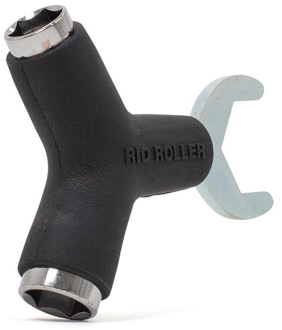 The Rio Roller Quad Roller Skate Tool - Black by Rio Roller is a Y-shaped tool with three socket sizes and a flat wrench extension for adjusting roller skate hardware.