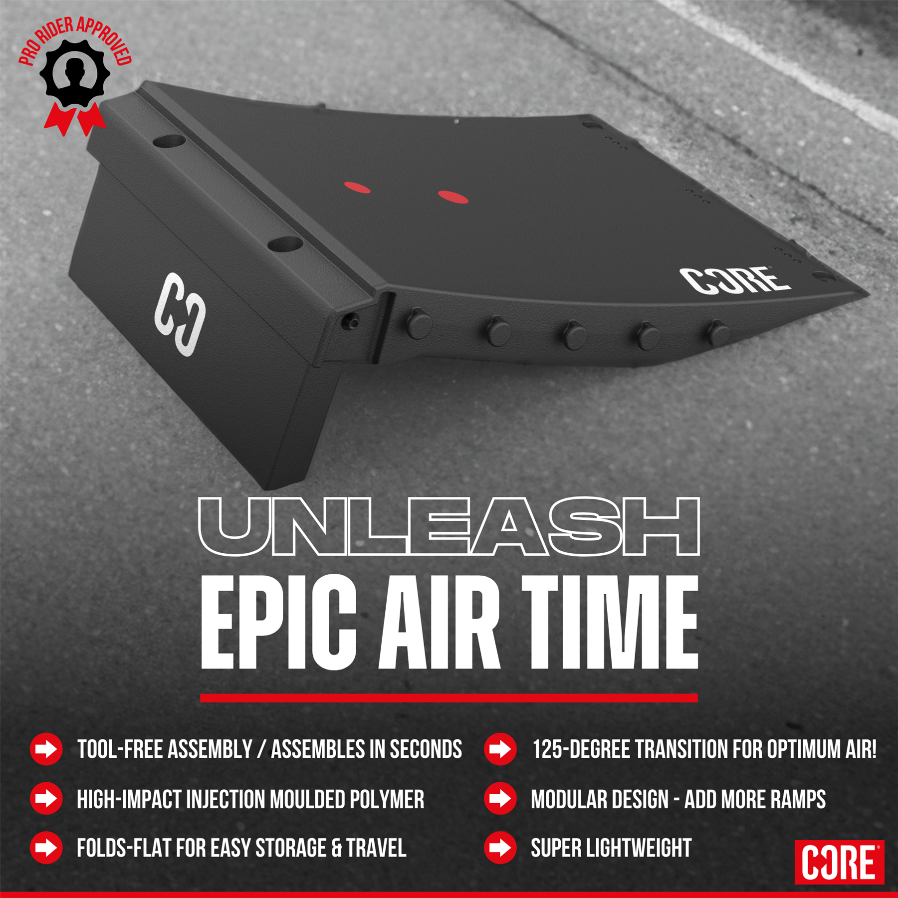A black CORE Mini Wave Bridge Connector by CORE is set against a gray backdrop with bold text: “Unleash Epic Air Time.” Icons show tool-free assembly, lightweight build, easy storage, and a 125-degree transition for air tricks.