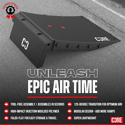 A black CORE Mini Wave Bridge Connector by CORE is set against a gray backdrop with bold text: “Unleash Epic Air Time.” Icons show tool-free assembly, lightweight build, easy storage, and a 125-degree transition for air tricks.