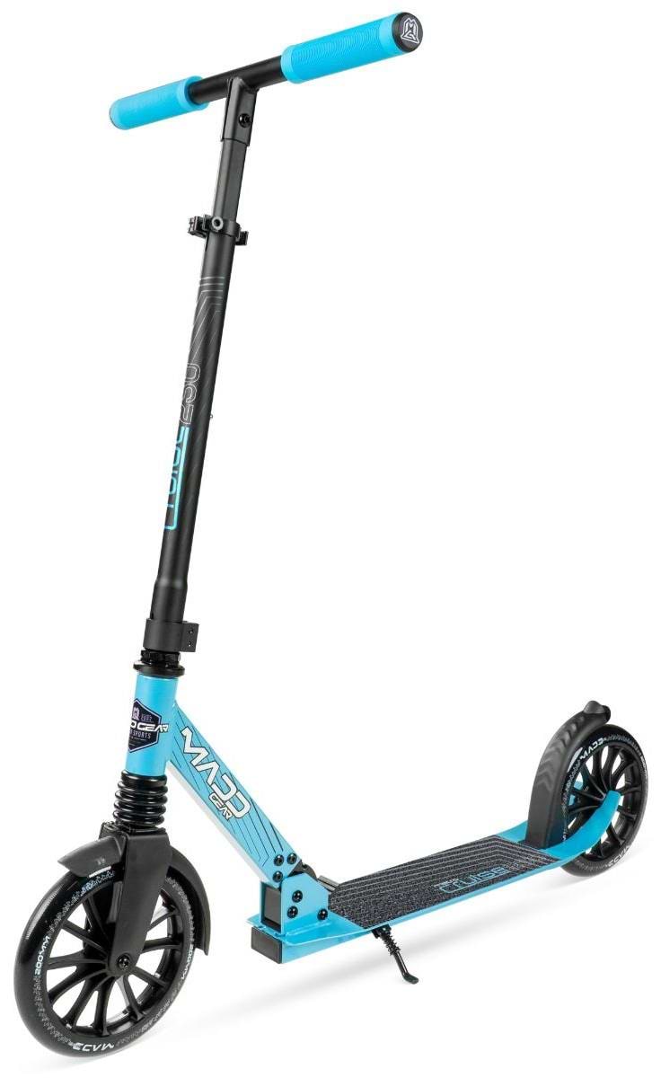 The Madd Gear Metro Cruise 250 Foldable Commuter Scooter in Black/Blue features large wheels, a textured foot deck, adjustable handlebar, and kickstand. The Madd Gear (MGP) scooter is shown at a slight angle on a white background.