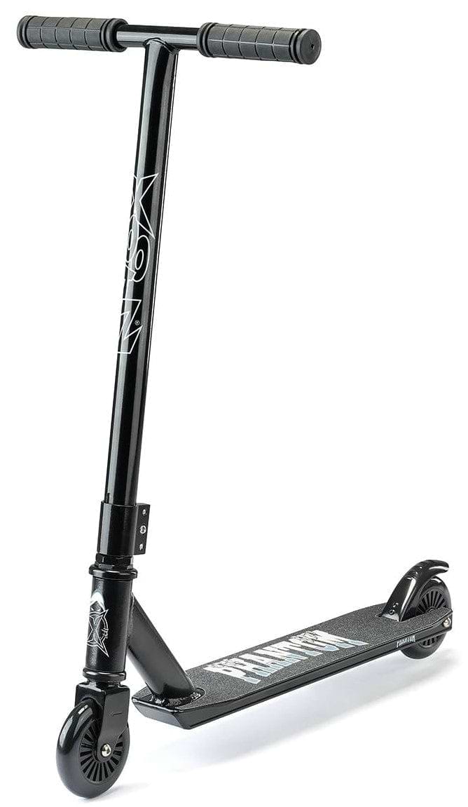 The Xootz Complete Stunt Scooter - Phantom Black is ideal for beginners and features a Y-shaped handlebar with grips and Xootz branding on its durable aluminum construction bar and deck. It includes a sturdy deck, two small wheels, and a dependable rear brake.