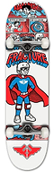 The Fracture X Jon Horner Fracture Man Complete Skateboard - 8" x 32" features a vintage comic-inspired design with a superhero clad in blue and red, complete with a cape. The board's dynamic comic panels burst with phrases like "AAAAARGH!!!" and "SKATERS IN TROUBLE?!", all set on a sturdy 7-ply Canadian maple deck paired with durable Fracture Wings trucks.